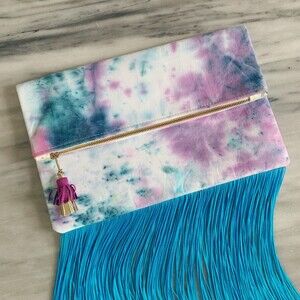 Tie Dye Fringe fold over clutch bag blue purple